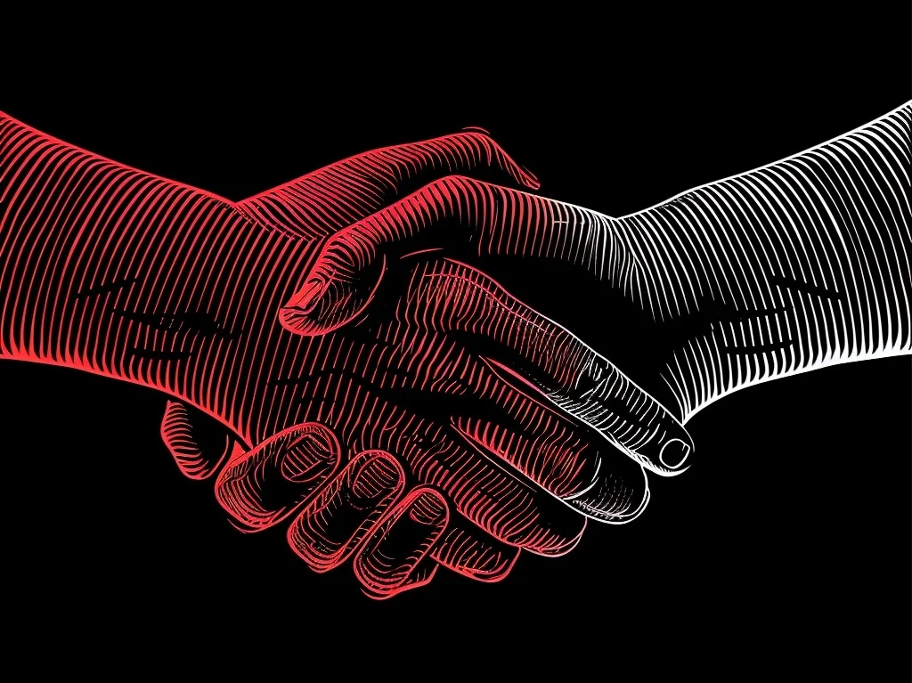 Red and white line art illustration of a handshake on a black background