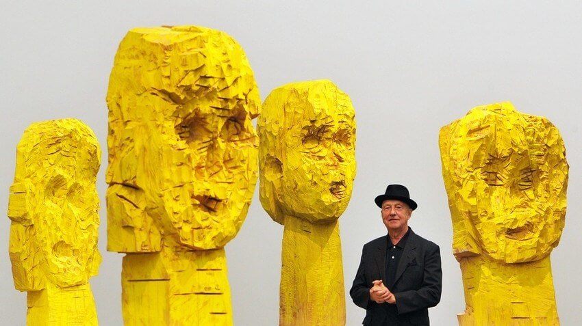 Georg Baselitz with his Dresdener Frauen Dresden Women sculptures 1990 wood carved with chainsaw