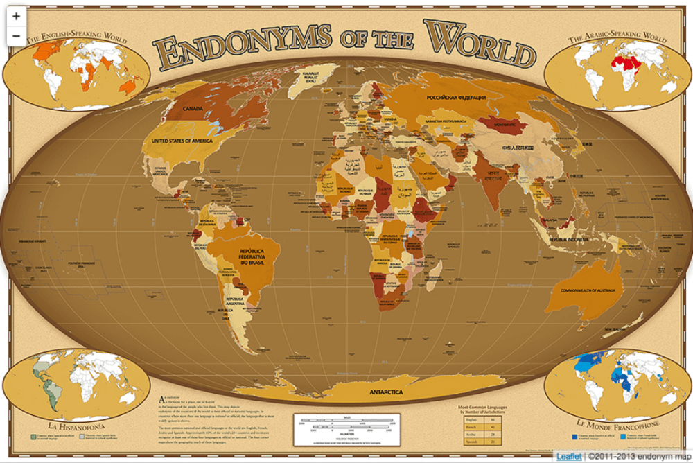 Mapa mostra como se chamam os países em seu idioma original