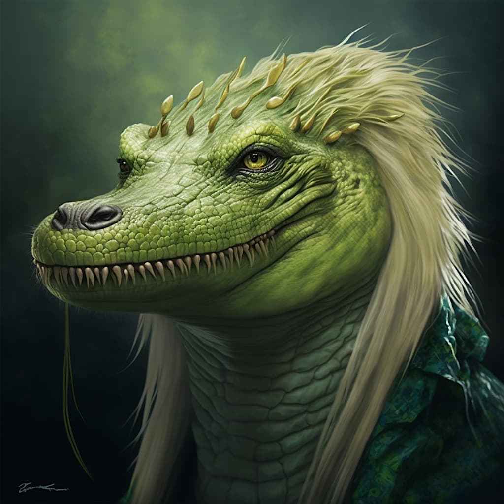 wbrenner green crocodile with a long blonde hair 27ff9666 0537 49cc 95c3 f59927556978 2