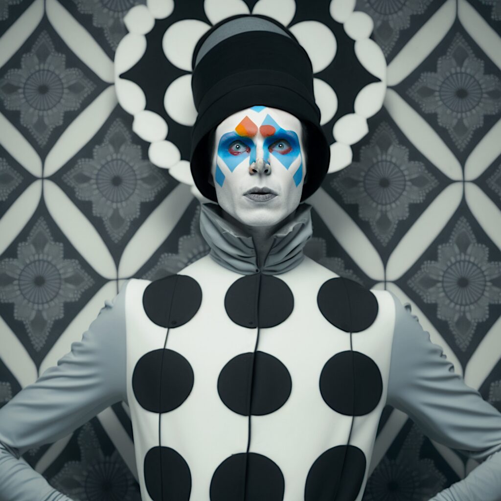 wbrenner a Pierrot Carnaval in front of a painting of geometric 695ff1f2 2b9b 4231 b896 cc7ee4ecfa3c
