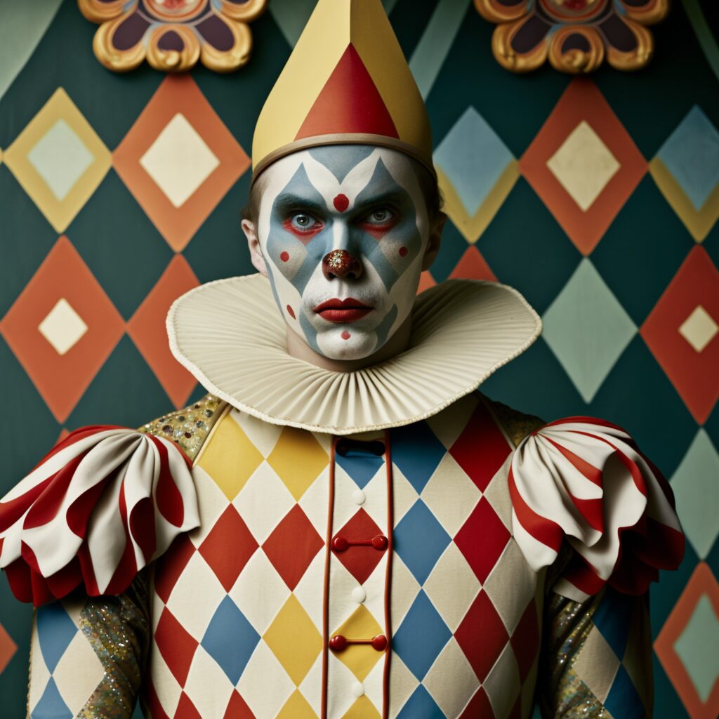 wbrenner a carnaval Harlequin standing in front of a painting o 02cf11c2 3841 4961 8858 41c39cdab3b4