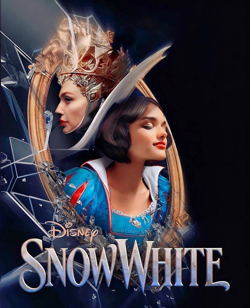 Artistic portrayal of Disney's Snow White with the Evil Queen's reflection, featuring intricate costume details and bold text logo. Live-action da Branca de Neve