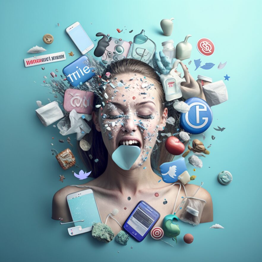 Woman with exploding head effect surrounded by social media icons and everyday objects on teal background. sem redes sociais
