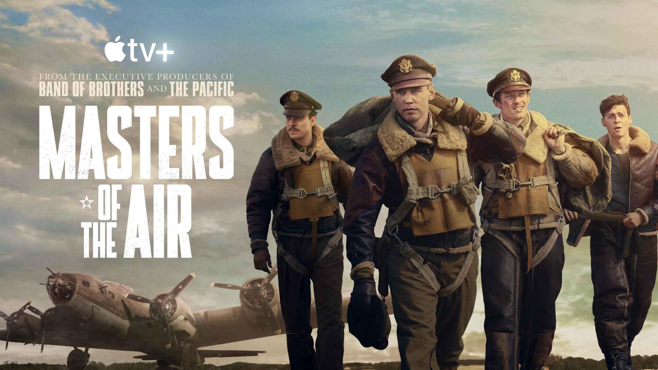 Promotional poster for Masters of the Air featuring four WW2 airmen in front of a bomber plane, with Apple TV+ logo.
