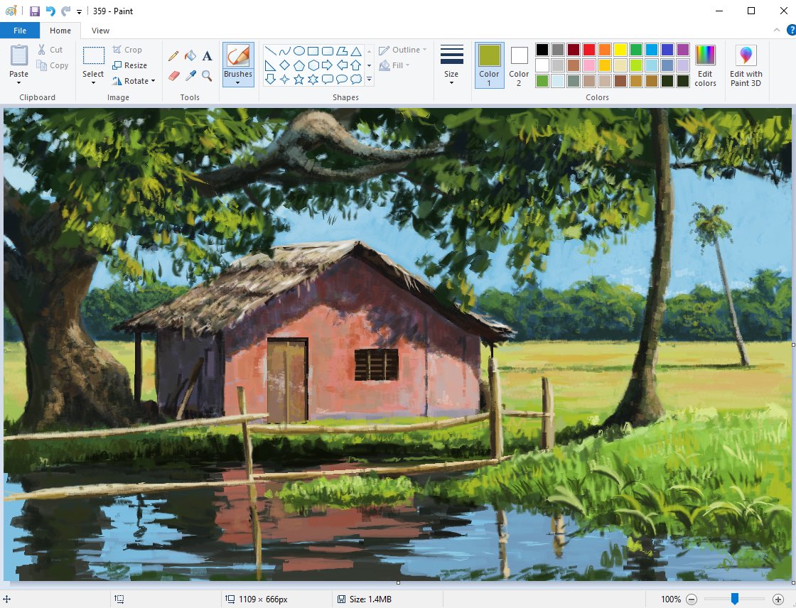 Rustic red house by a pond with green trees and reflection, displayed in Microsoft Paint application
