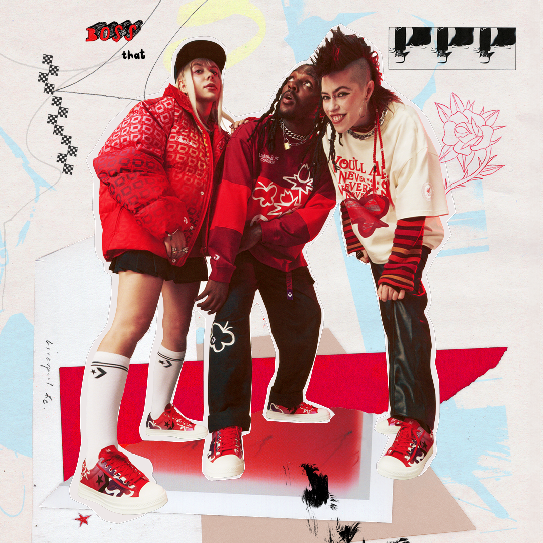 Three young adults in edgy streetwear fashion with vibrant red accents and graphic art elements.