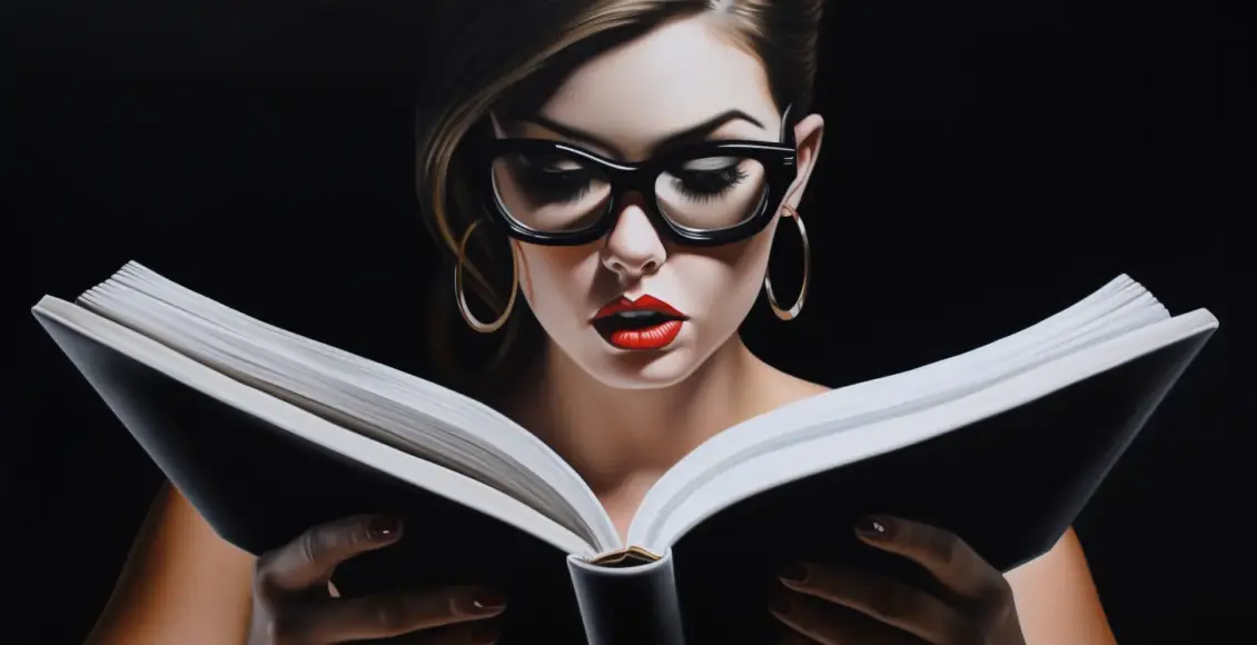 Stylized portrait of a woman with red lipstick reading a book with oversized black glasses against a black background