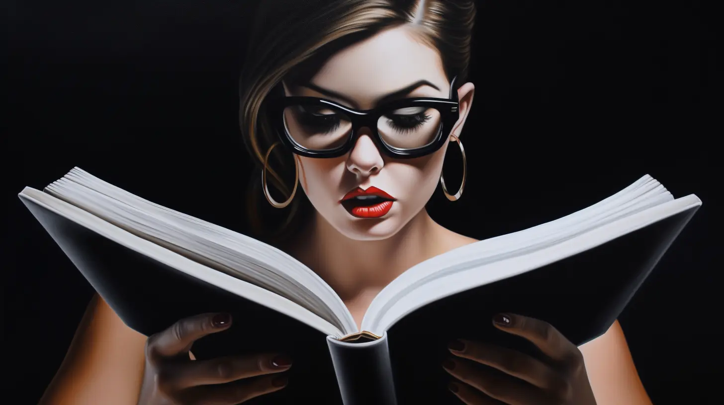 Stylized portrait of a woman with red lipstick reading a book with oversized black glasses against a black background