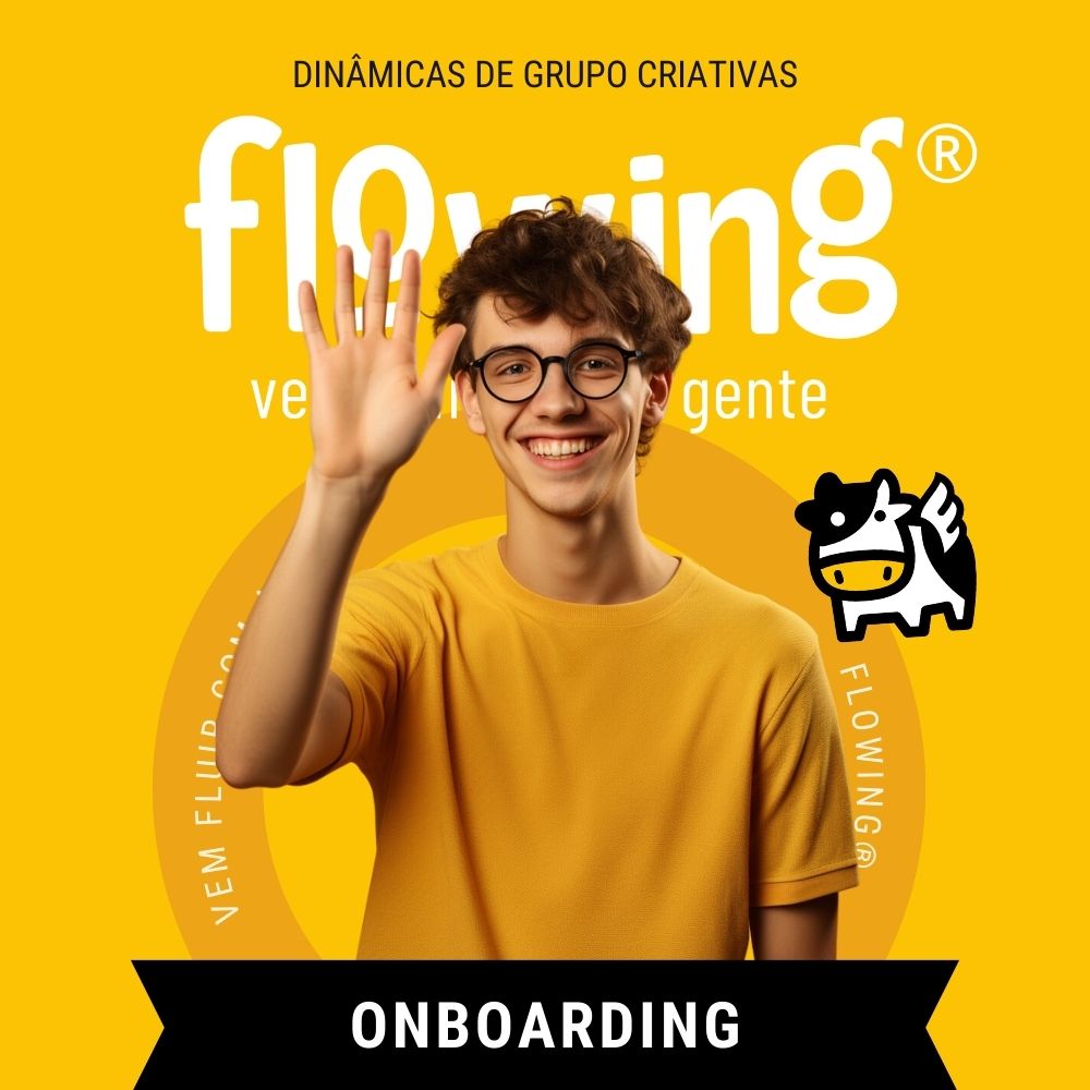 Smiling young adult in glasses waving on a vibrant yellow background with Flowing brand and "ONBOARDING" text, denoting a creative group dynamic or team-building concept.