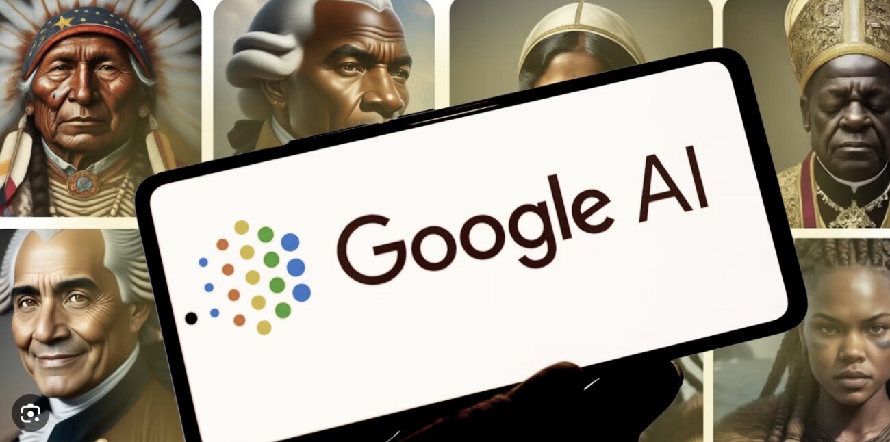 Collection of diverse historical figures displayed beside Google AI logo on digital tablet screen