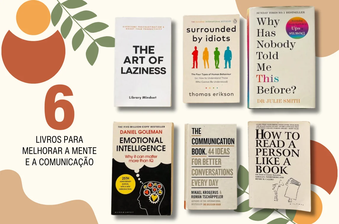 Six self-improvement books displayed for mental and communication skills development with titles including The Art of Laziness, Surrounded by Idiots, Why Has Nobody Told Me This Before?, Emotional Intelligence, The Communication Book, and How to Read a Person Like a Book.