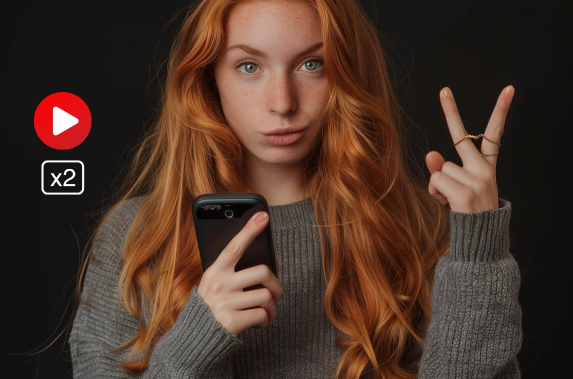Red-haired woman holding smartphone and making peace sign with YouTube icons indicating video speed adjustment.