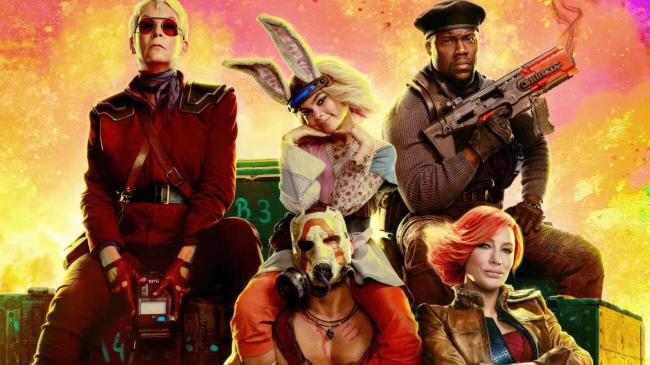 Colorful ensemble of futuristic action movie characters posing with weapons against an explosive orange and yellow backdrop