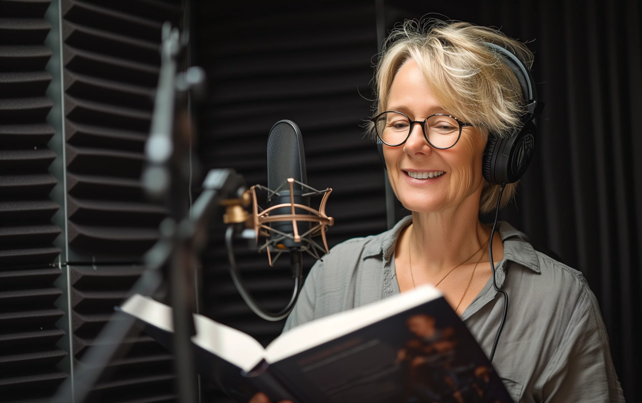 Smiling woman with headphones recording audio, reading from book in soundproof studio. clonagem de voz