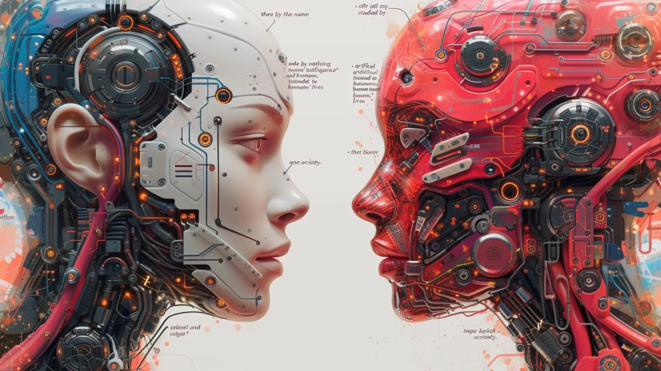 Side-by-side profile view of two highly detailed robotic heads with one featuring white and blue technology elements, and the other red and black, depicted with human-like facial features and intricate mechanical parts.