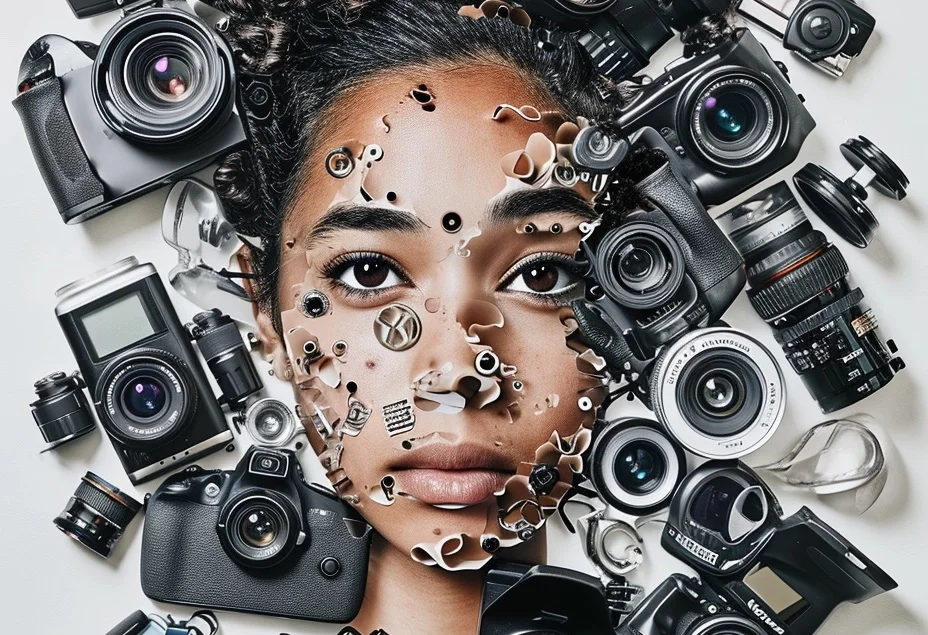 Creative portrait of a woman with face merging into an assortment of photographic equipment and camera lenses.