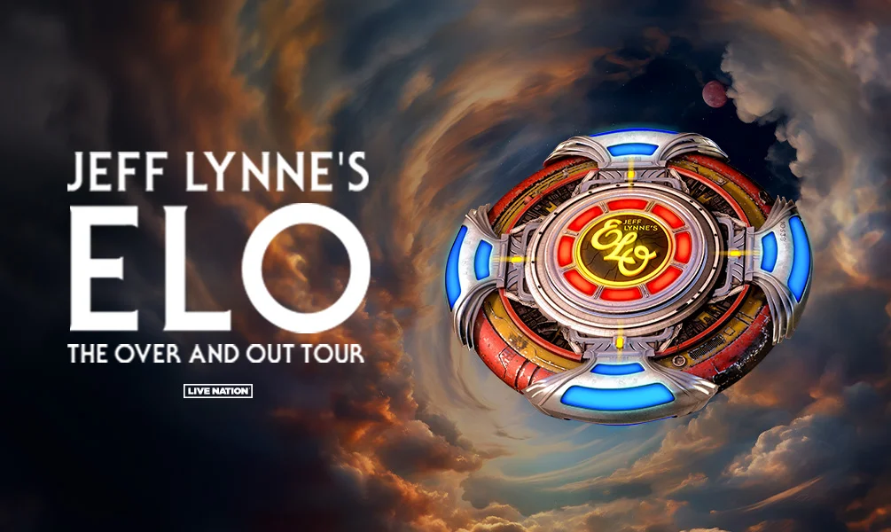 Promotional poster for Jeff Lynne's ELO The Over and Out Tour with spaceship graphic and stormy sky background.