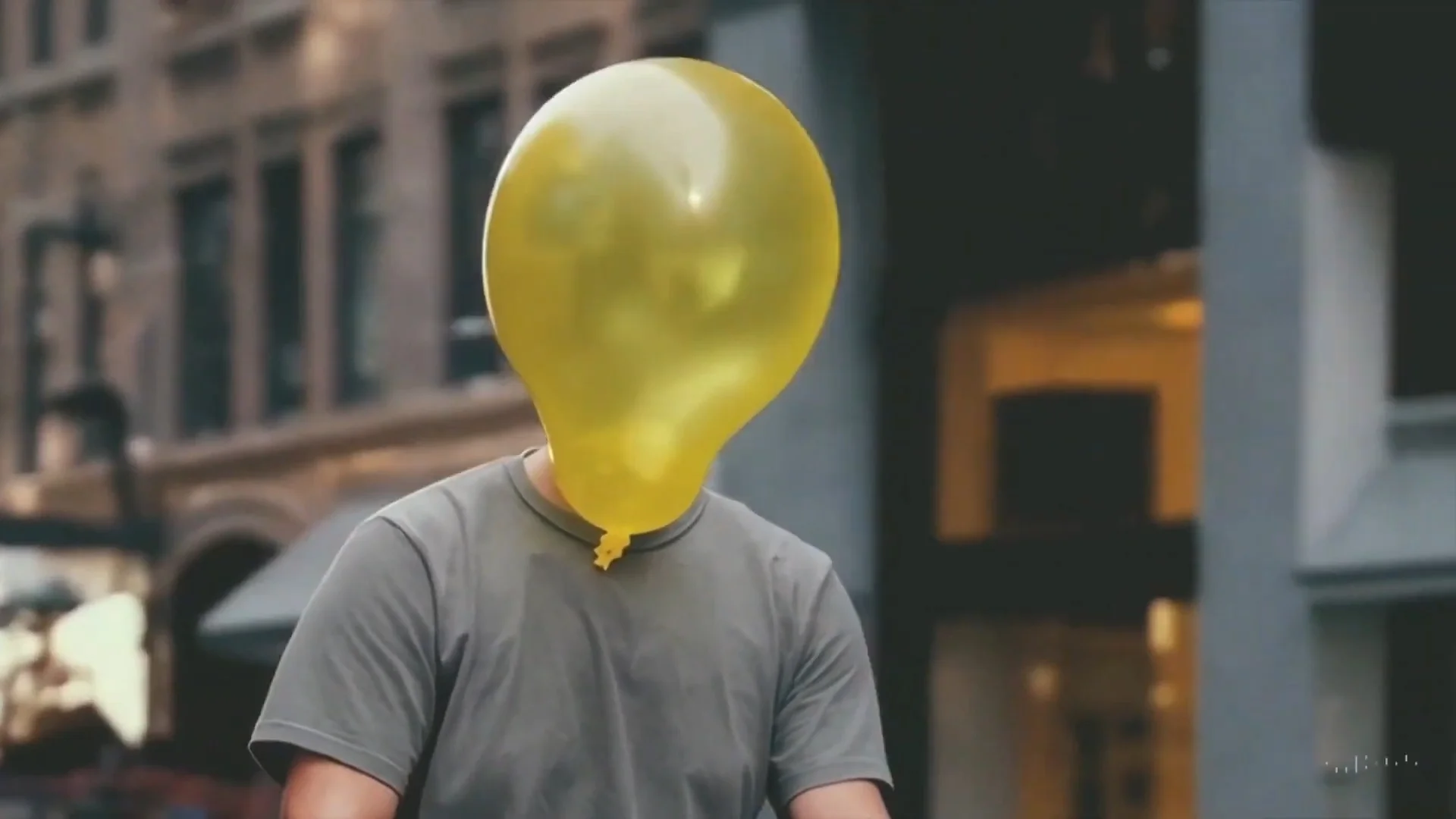 Person with a yellow balloon covering their head standing on an urban street.