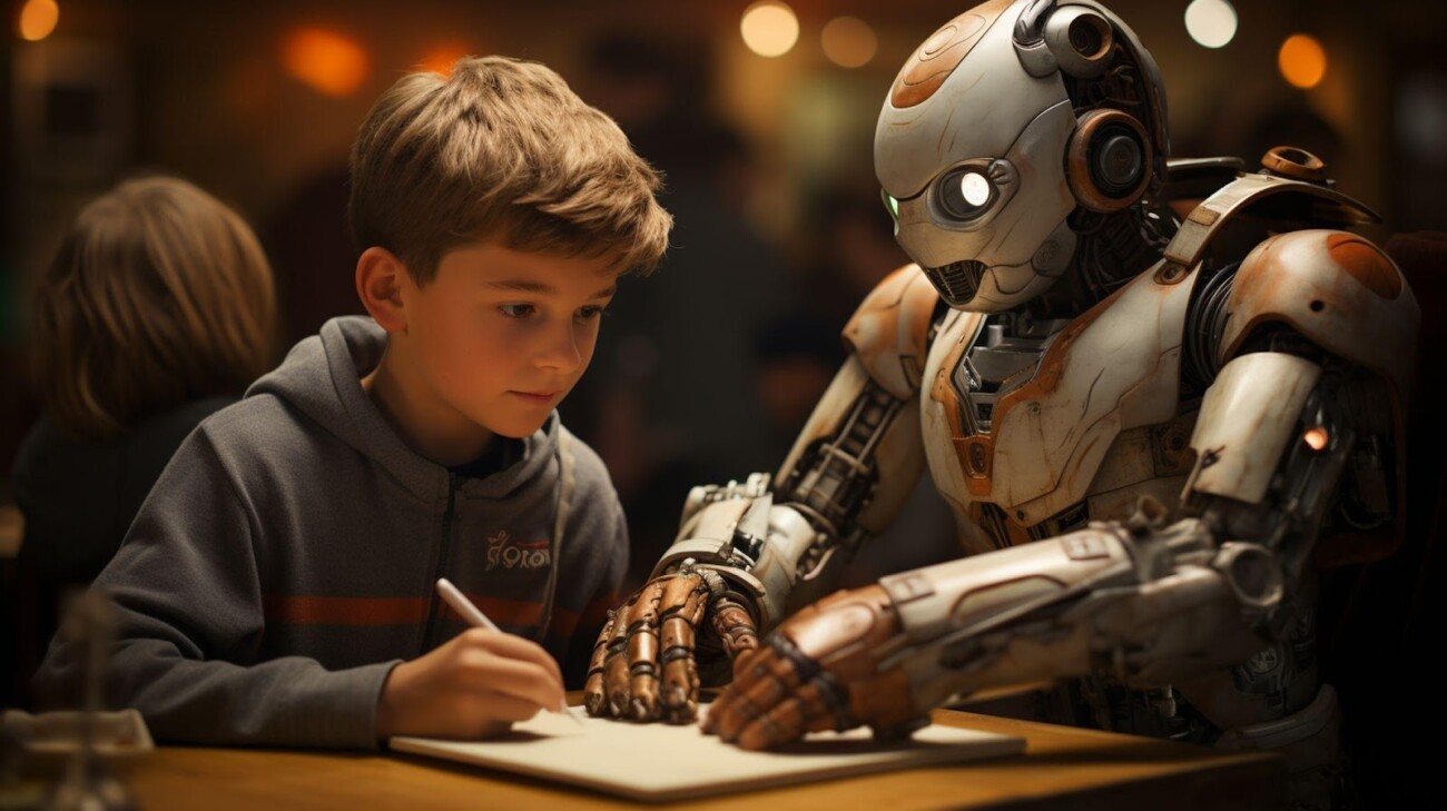 Young boy writing in notebook with highly detailed robotic figure observing, illustrating human-robot interaction and futuristic AI companionship.