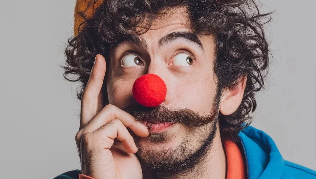 Man with curly hair and mustache wearing a clown nose and colorful outfit against a grey background.