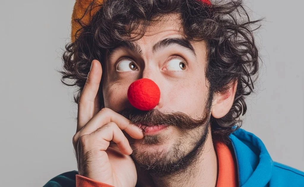 Man with curly hair and mustache wearing a clown nose and colorful outfit against a grey background.