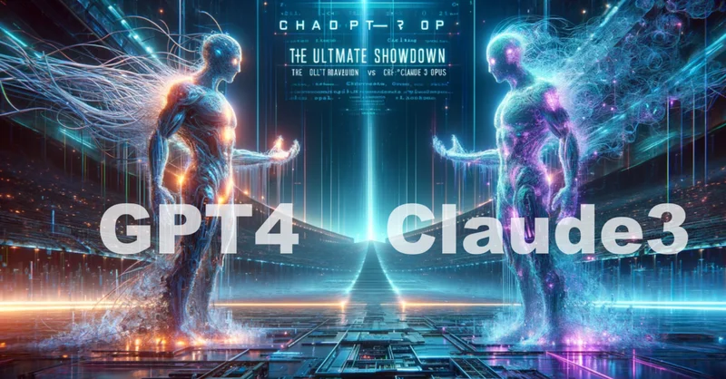 Digital artwork featuring two humanoid figures representing GPT-4 and Claude3 in a futuristic showdown concept.