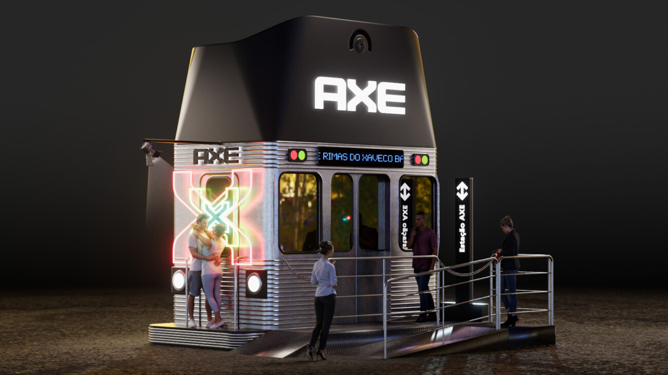 Interactive Axe brand promotional booth with neon lights and visitors at night event.