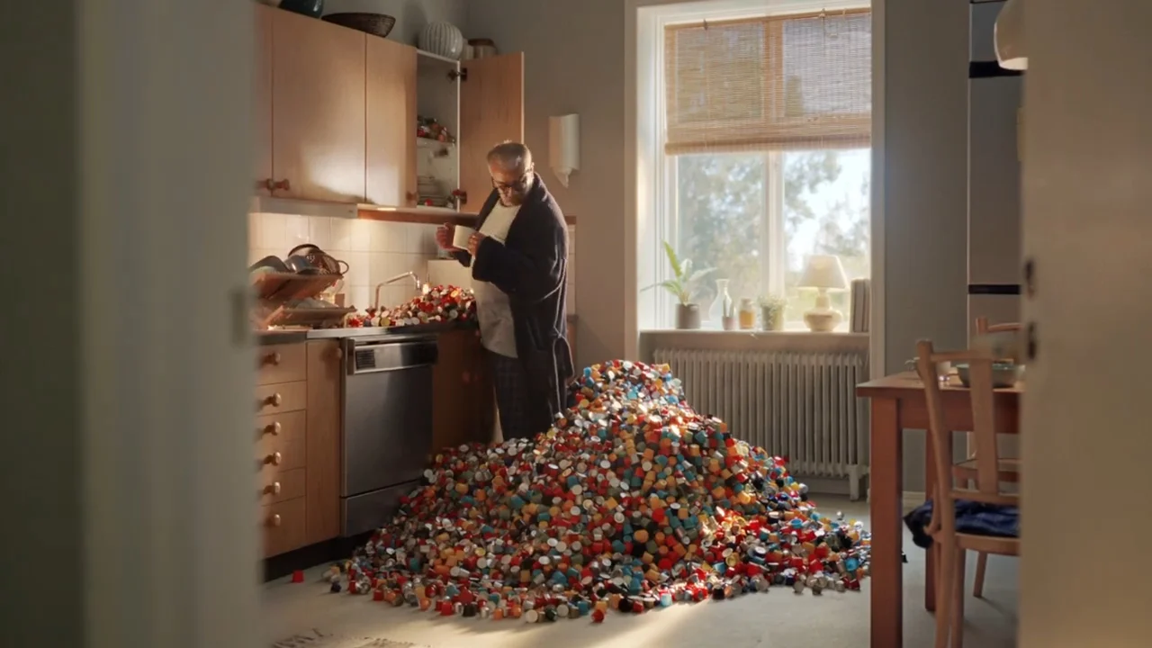 Man standing in kitchen with a large pile of colorful bottle caps on the floor
