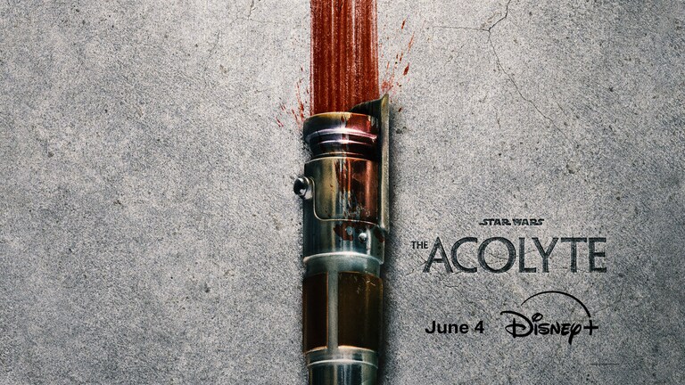 Promotional poster for The Acolyte showcasing a red lightsaber on a concrete background with the Star Wars logo and Disney+ release date.