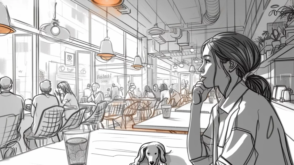 Woman contemplating in a busy cafe with industrial design and a dog sitting by her side. Storyboards com IA