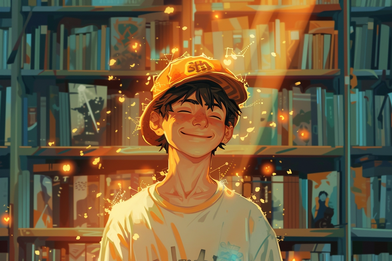 Smiling person in a cap with sparkling lights surrounded by bookshelves in a warm-lit library setting