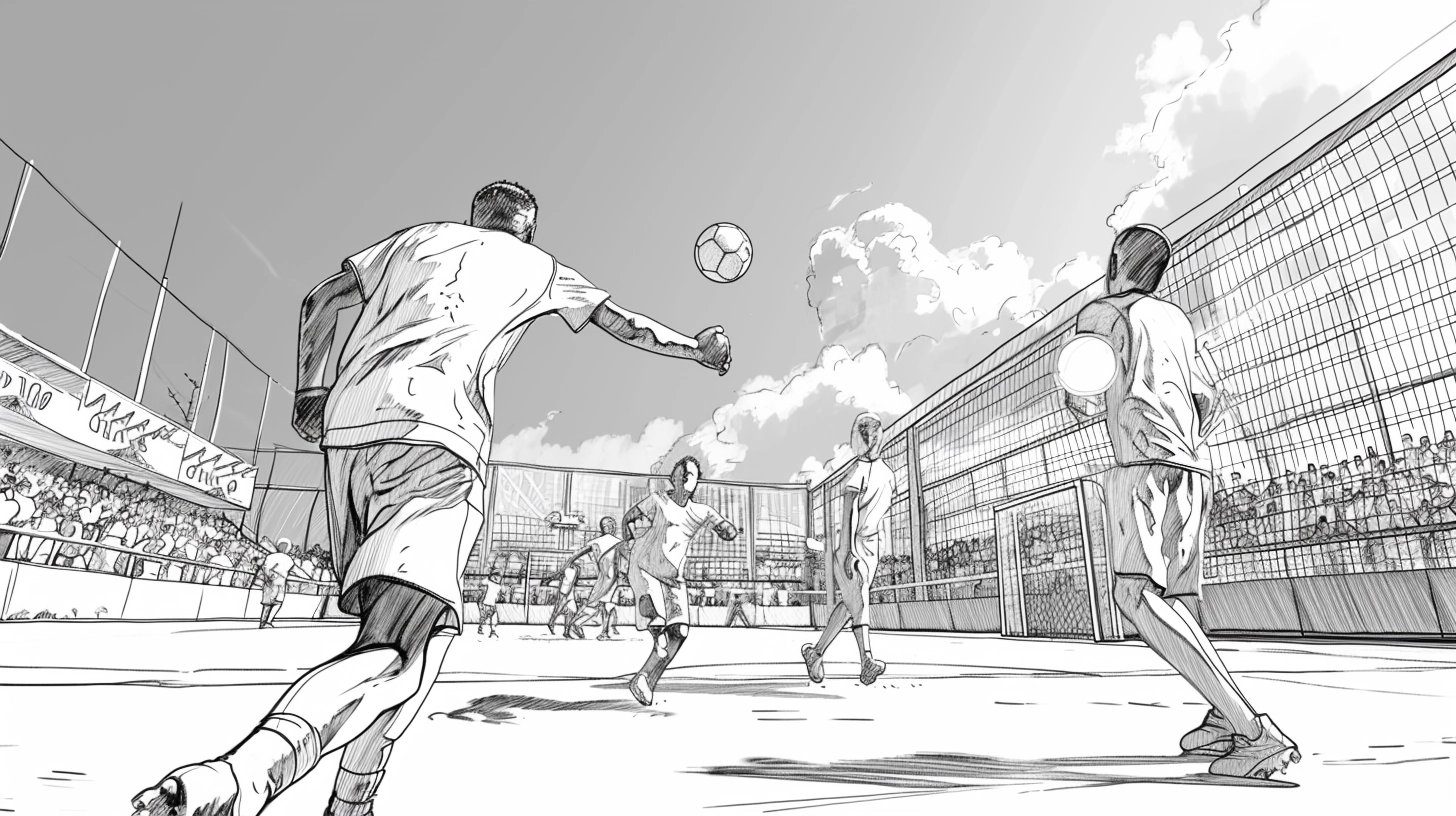 Soccer players in action during a game in a crowded stadium illustrated in black and white sketch. Storyboards com IA