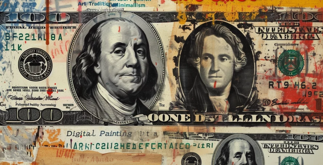 Abstract art collage with US dollar bills featuring Benjamin Franklin and text overlays