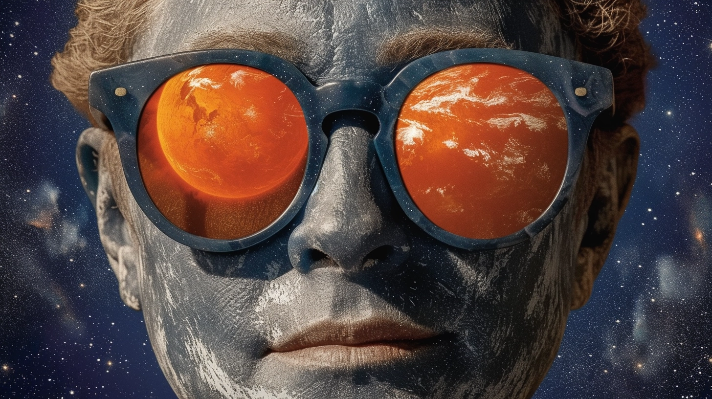 Person wearing sunglasses with reflection of a fiery planet against a starry space background.