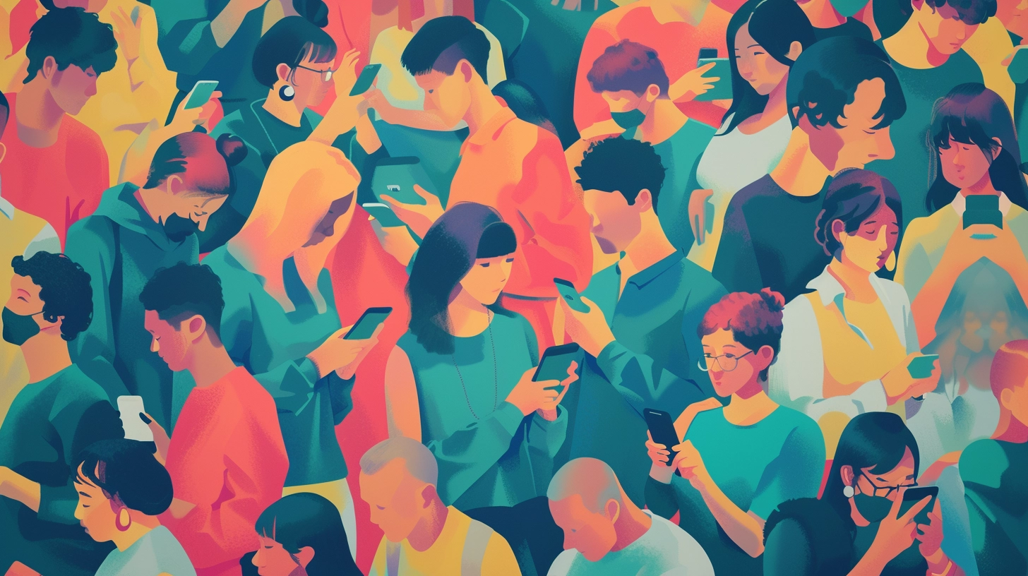Colorful illustration of diverse crowd of people engrossed in their smartphones. erros e acertos das marcas nas mídias sociais
