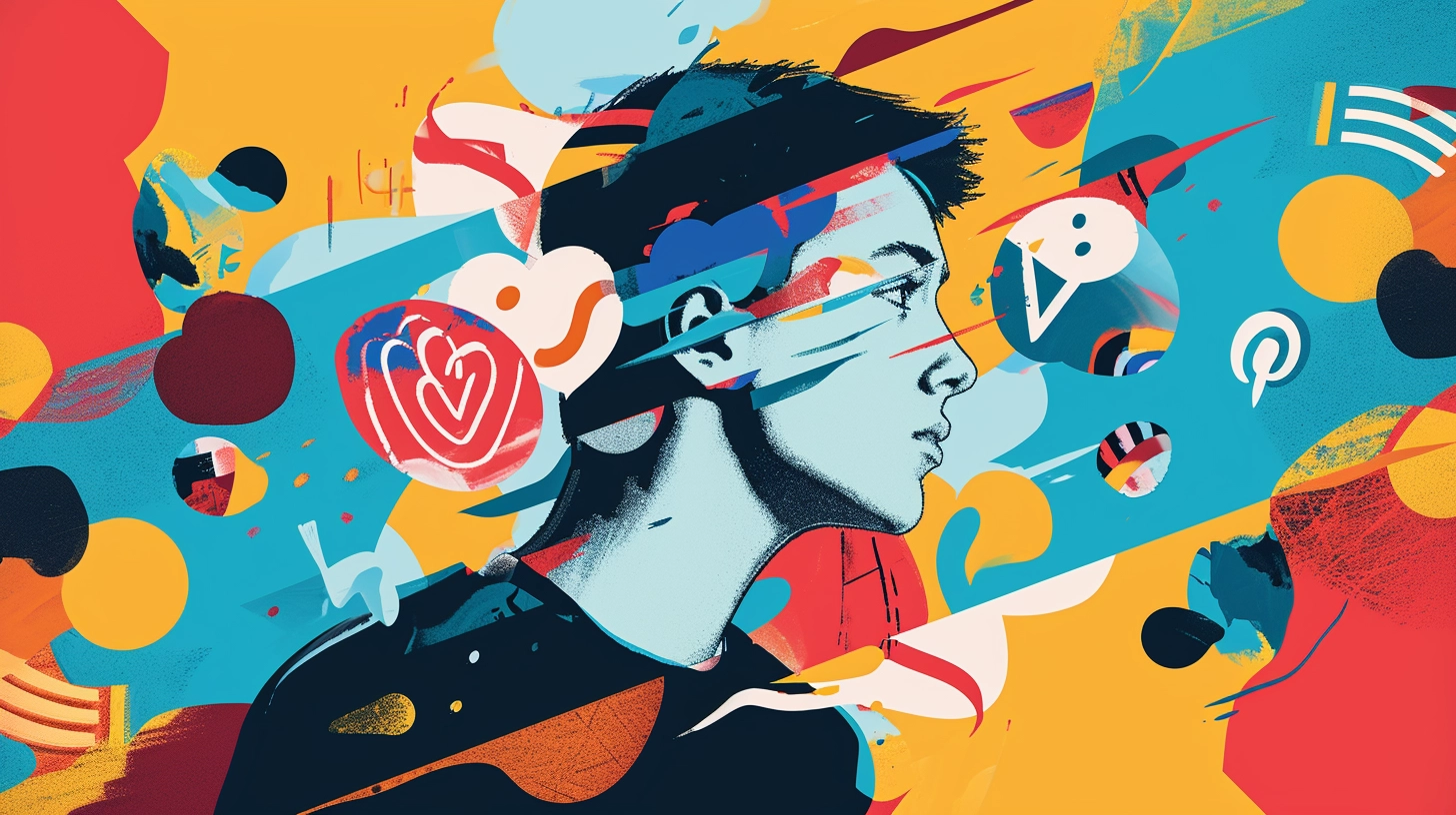Colorful abstract illustration of a side profile of a young man with graphic elements and social media icons overlay. erros e acertos das marcas nas mídias sociais