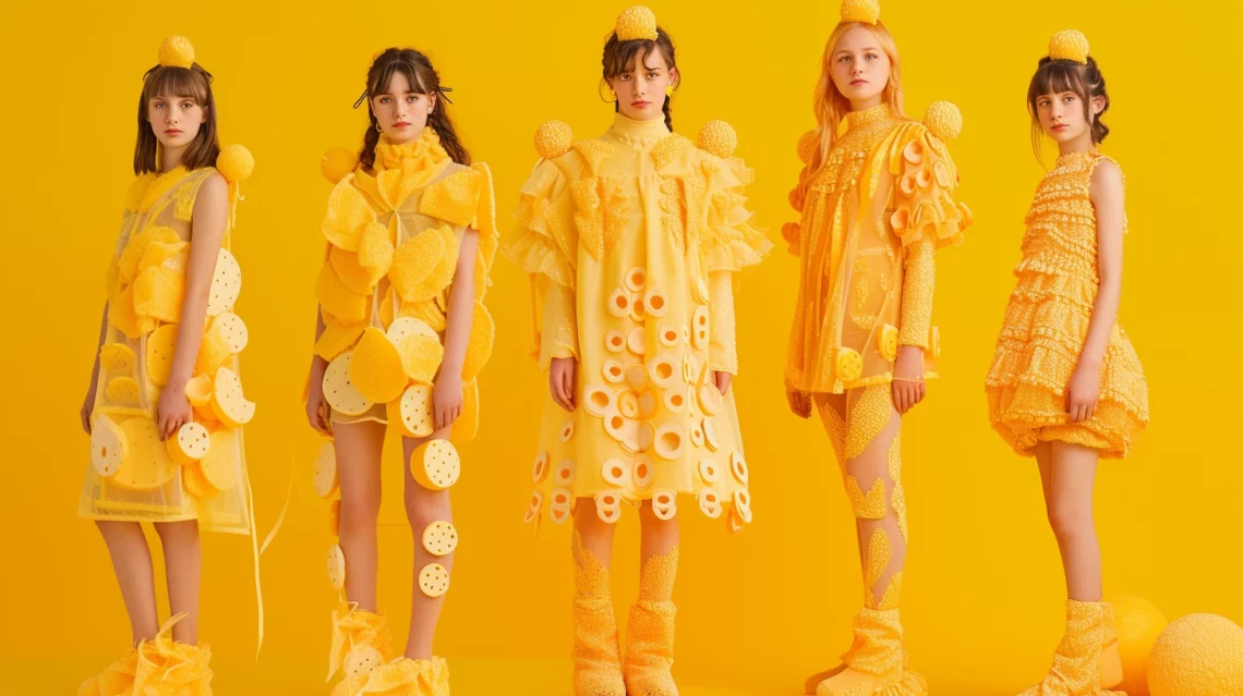 amarelo. Five models pose in avant-garde yellow fashion outfits against a monochromatic yellow background