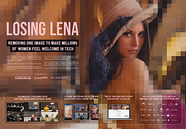 Losing Lena campaign poster advocating for diversity in tech with information on documentary screenings and social media movement.