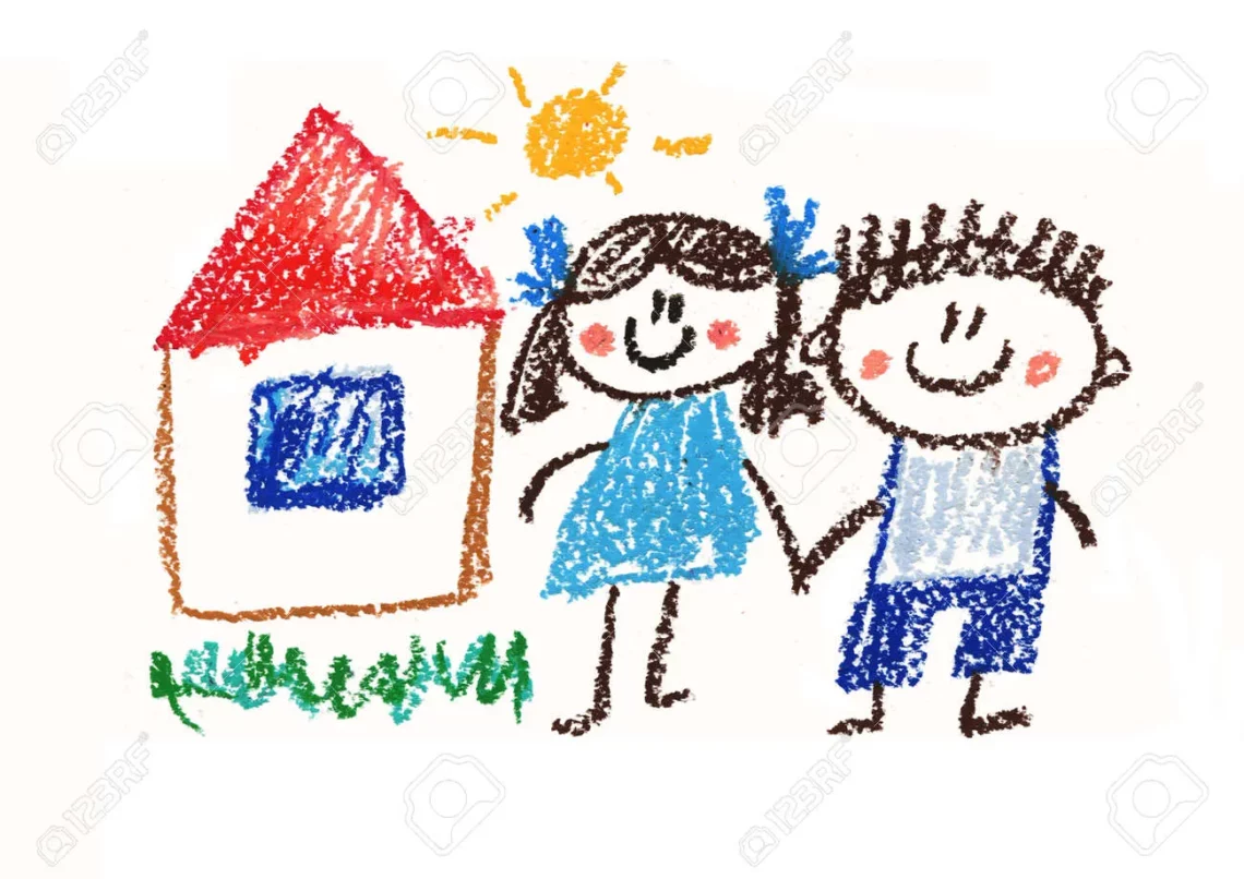100972649 happy boy and girl man and woman kids drawing style illustration crayon art house summer sun 1