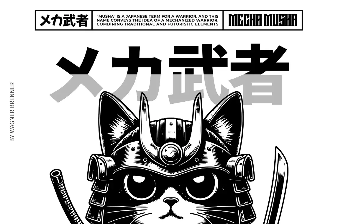 Illustration of Mecha Musha, a cat depicted as a Japanese warrior with traditional and futuristic armor elements, designed by Wagner Brenner.