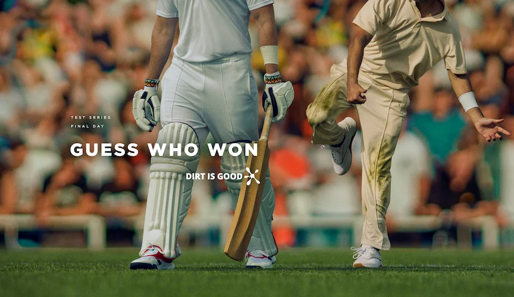 Cricket players on field with batsman and bowler, text overlay saying "Guess Who Won" with audience in background.