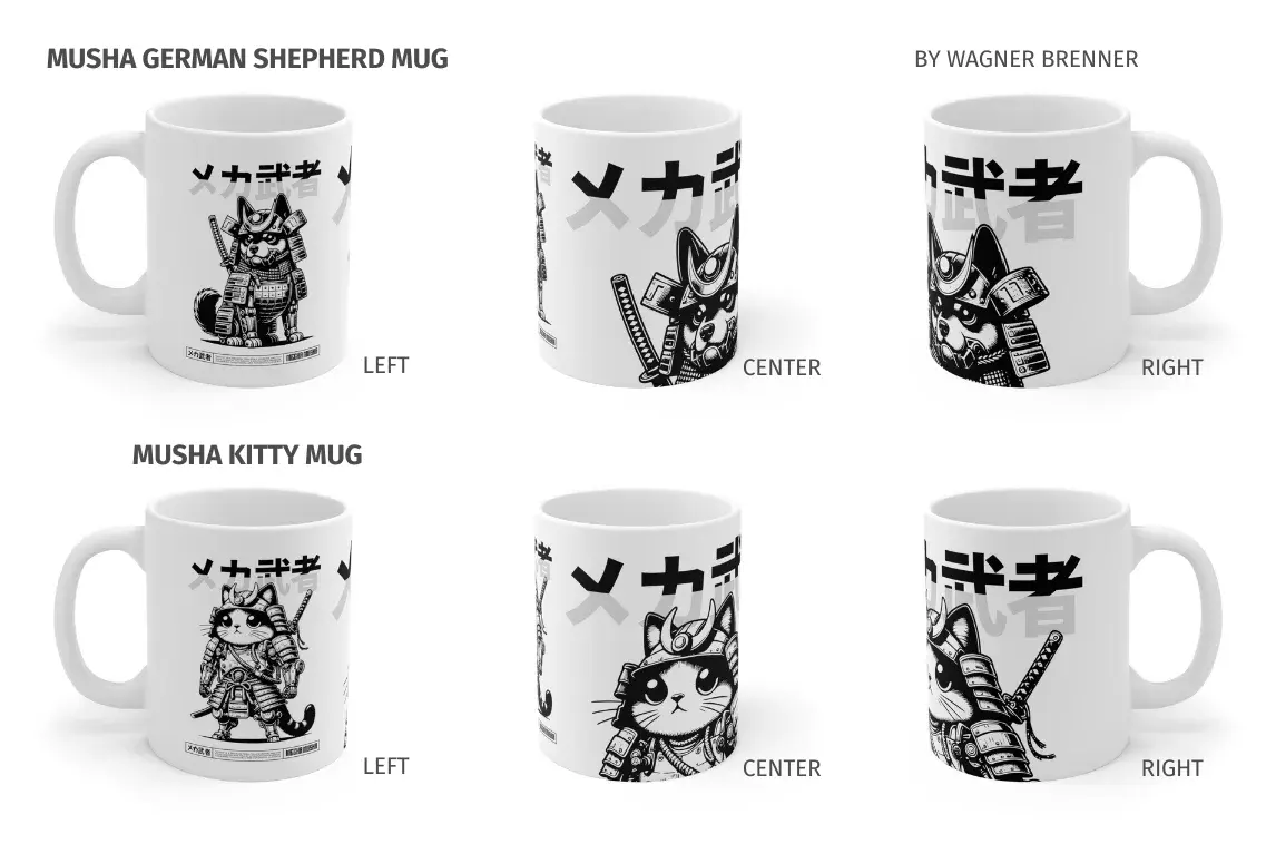 Six white mugs with black samurai-themed animal illustrations showcasing Musha German Shepherd and Musha Kitty designs in left, center, and right views by Wagner Brenner.