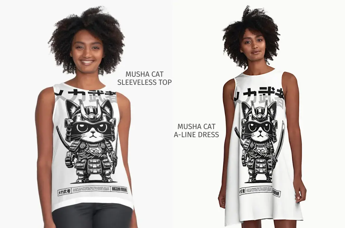 Woman modeling Musha Cat graphic sleeveless top and A-line dress with samurai-inspired feline design