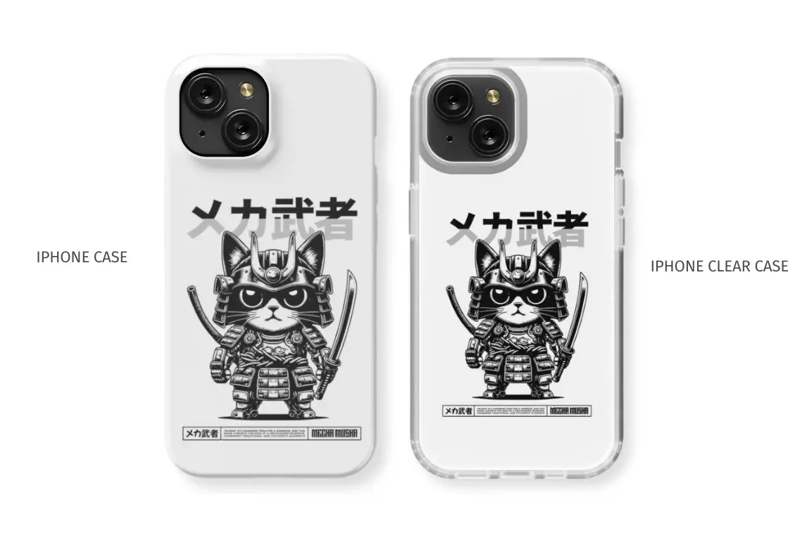 Two iPhone cases with samurai cat design, one opaque and one clear.