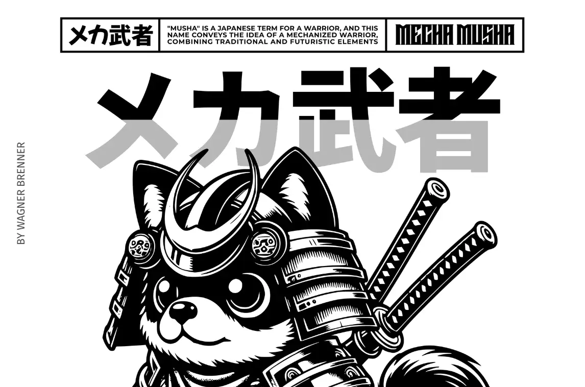 Black and white illustration of Mecha Musha, a mechanical warrior with traditional samurai elements, designed by Wagner Reis.