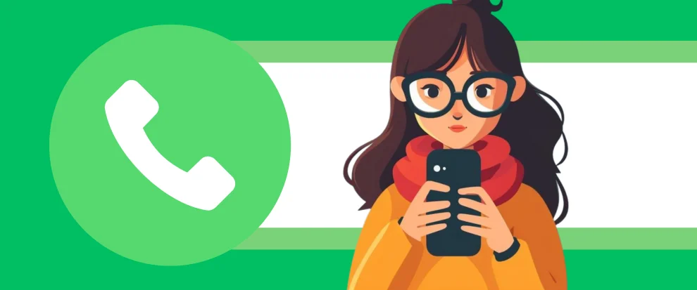 Woman with glasses holding smartphone with large phone icon on green background