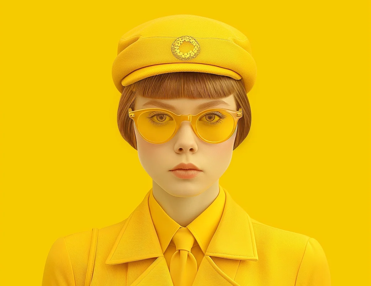 Stylish woman in monochromatic yellow outfit with cap and sunglasses against a yellow background.