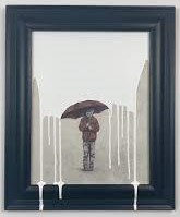 Framed painting of a person with an umbrella in the rain displayed on an easel