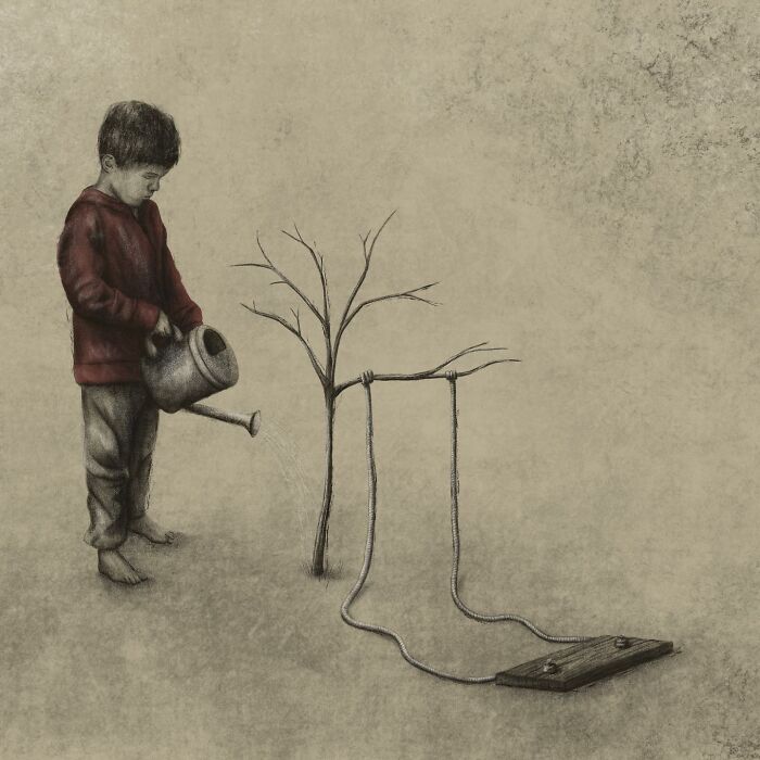 Child watering a dead tree creatively connected to a book through its roots, symbolizing education growth concept.